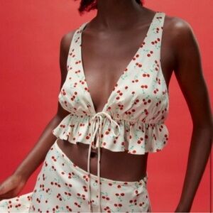 ZARA Coquette Cottagecore Cherry Silk Crop Top